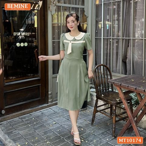Đầm thiết kế BEMINE cổ sen ngực phối viền đính nơ dáng chữ A MT10174
