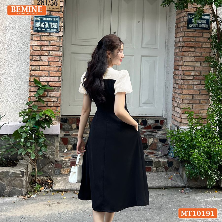 Đầm thiết kế BEMINE cổ V phối tơ thêu dáng chữ A MT10191