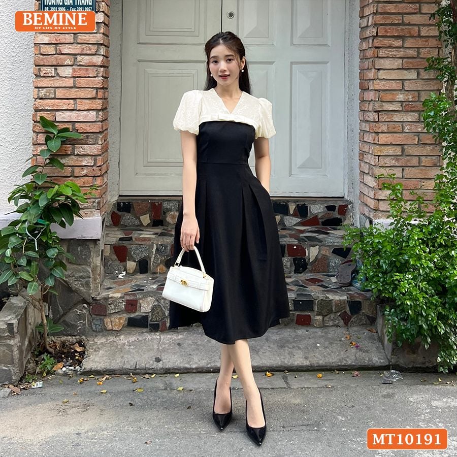 Đầm thiết kế BEMINE cổ V phối tơ thêu dáng chữ A MT10191