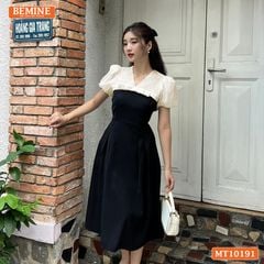 Đầm thiết kế BEMINE cổ V phối tơ thêu dáng chữ A MT10191