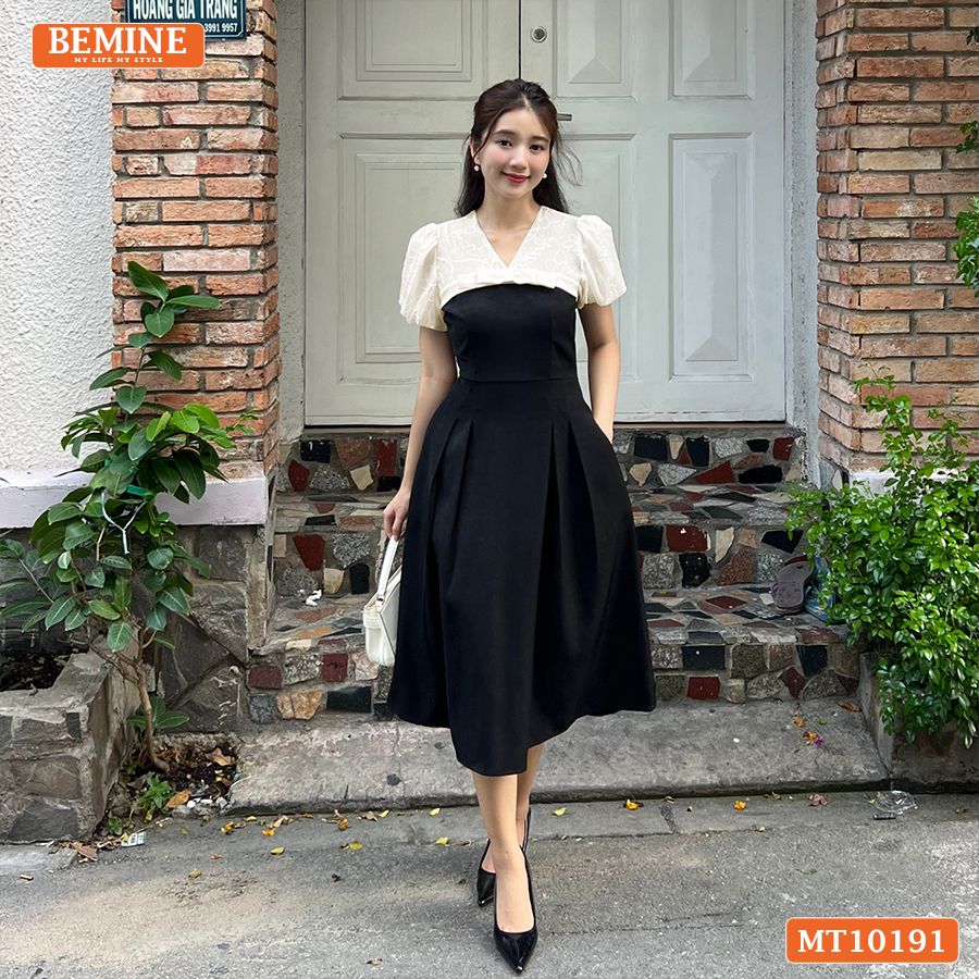 Đầm thiết kế BEMINE cổ V phối tơ thêu dáng chữ A MT10191