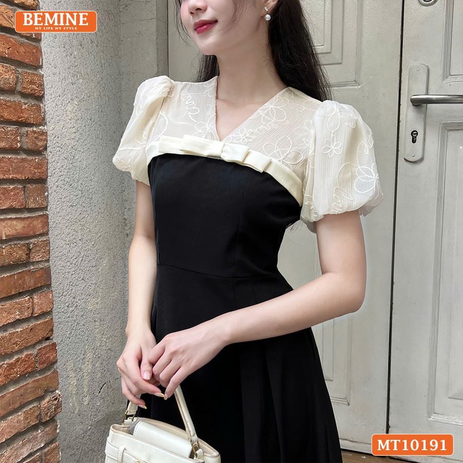 Đầm thiết kế BEMINE cổ V phối tơ thêu dáng chữ A MT10191