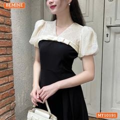 Đầm thiết kế BEMINE cổ V phối tơ thêu dáng chữ A MT10191