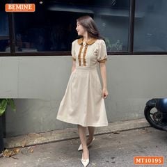 Đầm thiết kế BEMINE cổ sen đính hoa tay phồng dáng chữ A MT10195