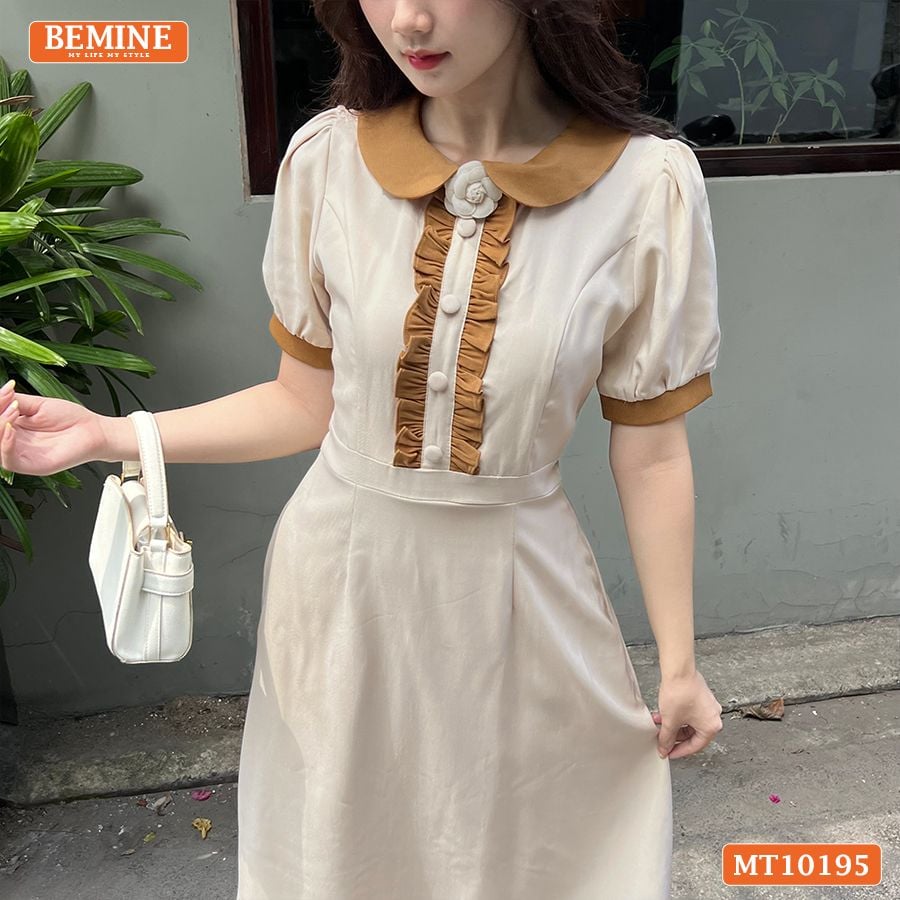 Đầm thiết kế BEMINE cổ sen đính hoa tay phồng dáng chữ A MT10195
