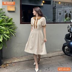 Đầm thiết kế BEMINE cổ sen đính hoa tay phồng dáng chữ A MT10195