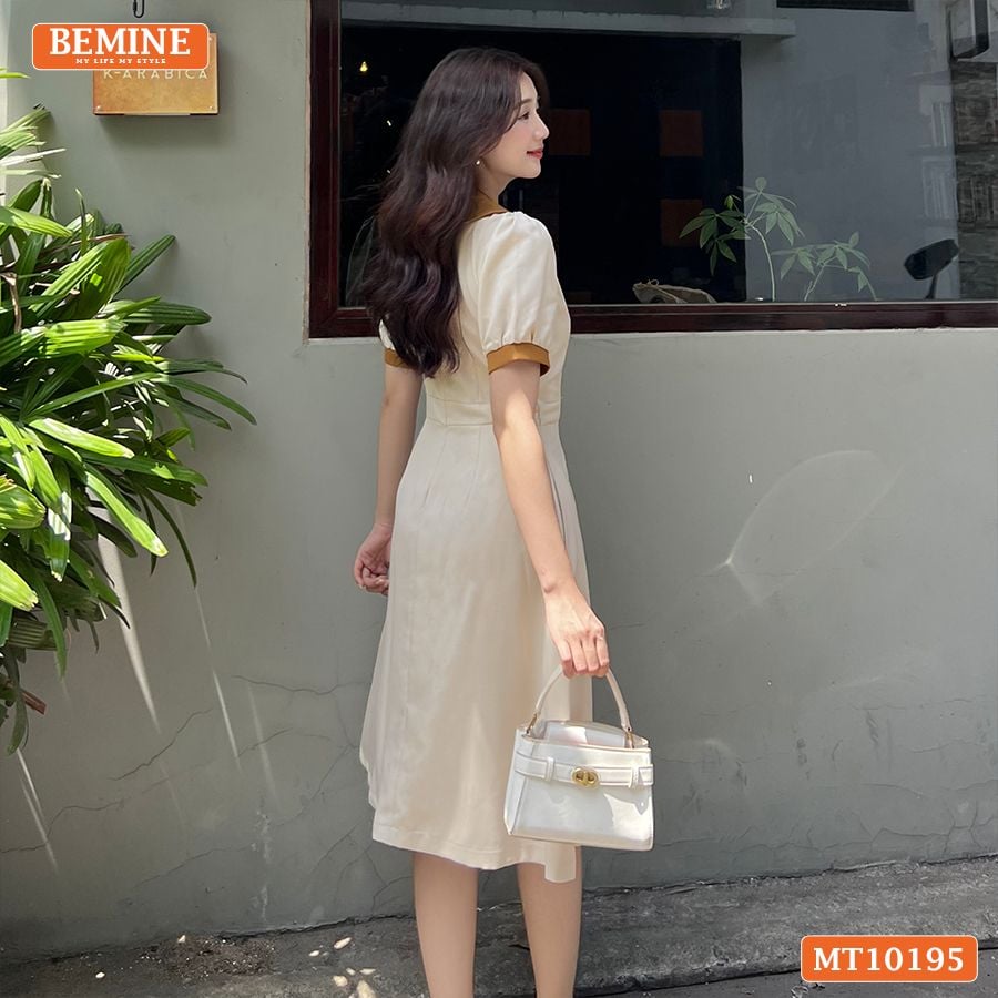 Đầm thiết kế BEMINE cổ sen đính hoa tay phồng dáng chữ A MT10195