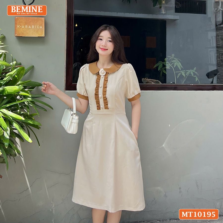 Đầm thiết kế BEMINE cổ sen đính hoa tay phồng dáng chữ A MT10195