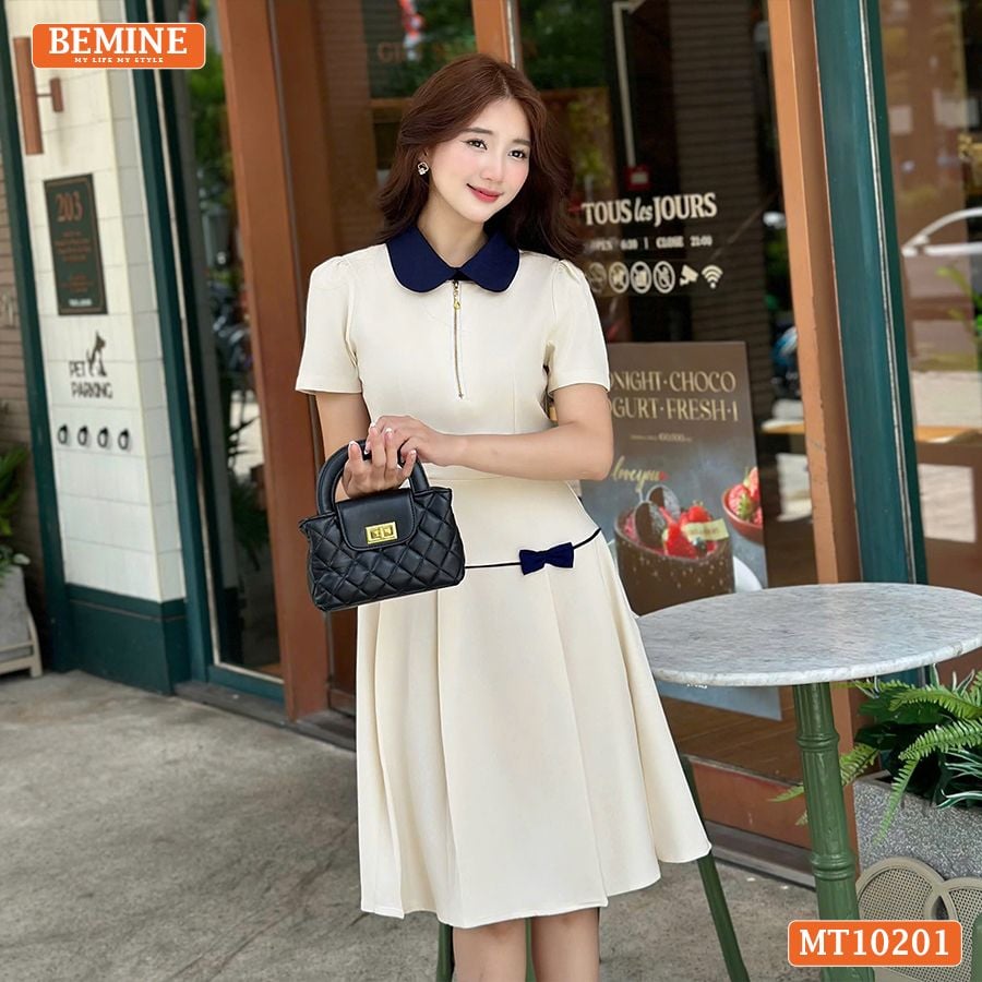 Đầm thiết kế BEMINE cổ sen có khóa kéo trước dáng chữ A MT10201