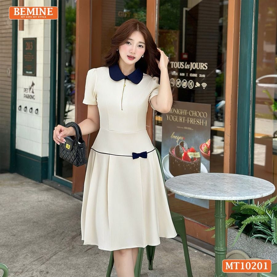 Đầm thiết kế BEMINE cổ sen có khóa kéo trước dáng chữ A MT10201