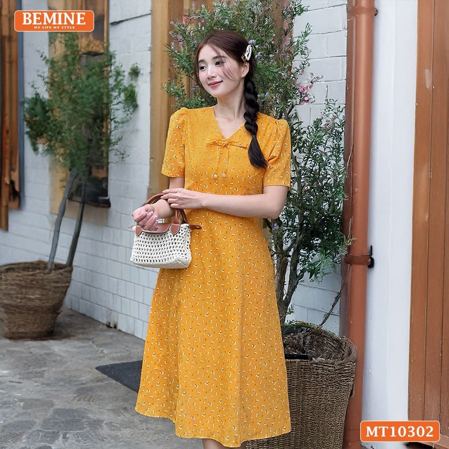 Đầm thiết kế BEMINE cổ tim đính nơ dáng chữ A MT10302