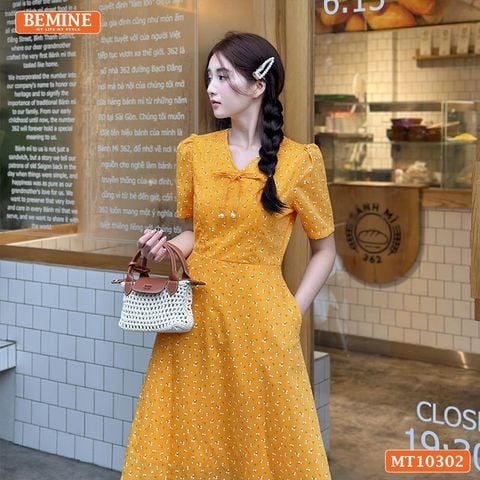 Đầm thiết kế BEMINE cổ tim đính nơ dáng chữ A MT10302
