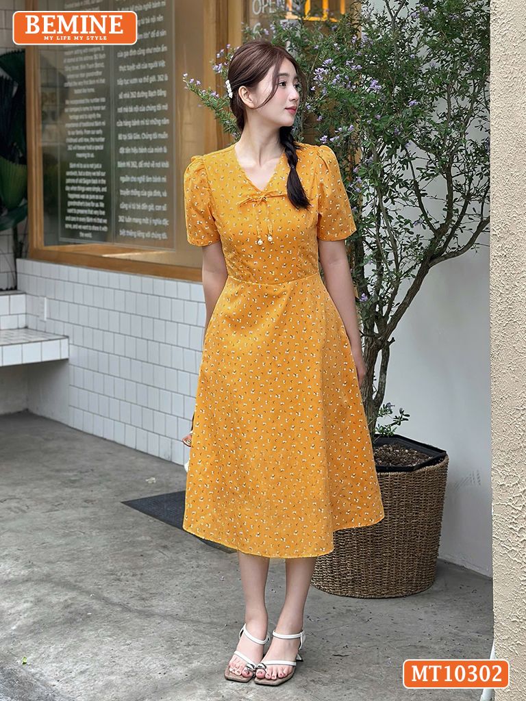 Đầm thiết kế BEMINE cổ tim đính nơ dáng chữ A MT10302