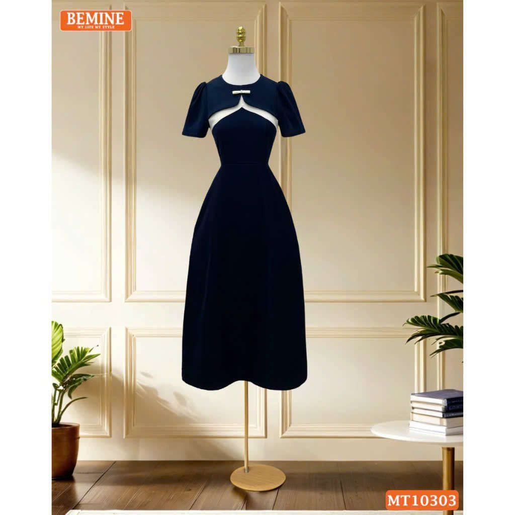 Đầm thiết kế BEMINE cổ tròn ngực phối hai lớp đính nơ dáng chữ A MT10303
