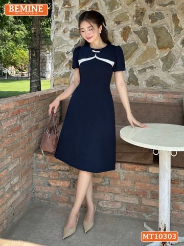 Đầm thiết kế BEMINE cổ tròn ngực phối hai lớp đính nơ dáng chữ A MT10303