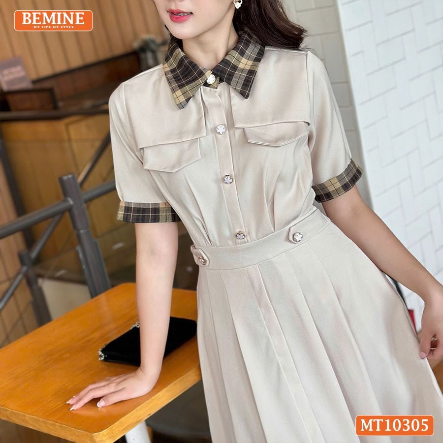 Đầm thiết kế BEMINE cổ đức phối kẻ caro dáng chữ A MT10305