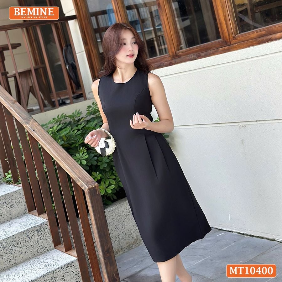 Đầm thiết kế BEMINE cổ tròn sát nách dáng chữ A có xếp ly-MT10400