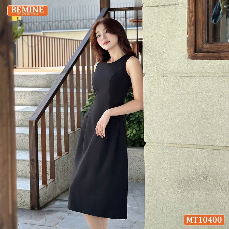 Đầm thiết kế BEMINE cổ tròn sát nách dáng chữ A có xếp ly-MT10400