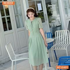 Đầm thiết kế BEMINE cổ tròn phối dây nơ tơ voan dáng chữ A MT10403
