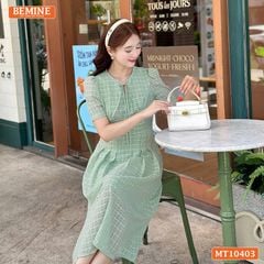 Đầm thiết kế BEMINE cổ tròn phối dây nơ tơ voan dáng chữ A MT10403