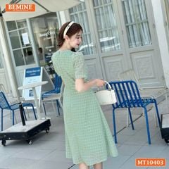 Đầm thiết kế BEMINE cổ tròn phối dây nơ tơ voan dáng chữ A MT10403