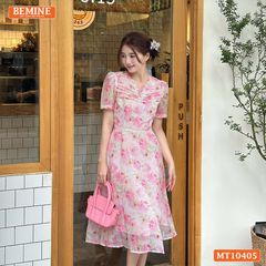 Đầm thiết kế BEMINE cổ tim ngực xếp ly voan hoa dáng chữ A MT10405