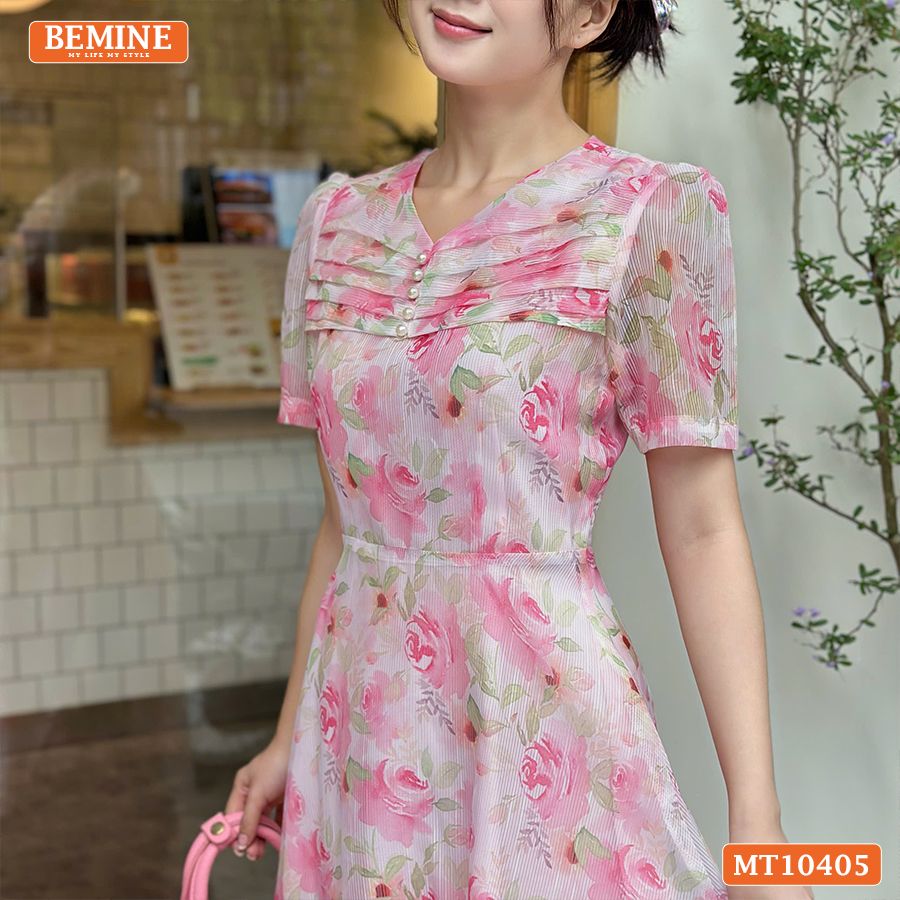 Đầm thiết kế BEMINE cổ tim ngực xếp ly voan hoa dáng chữ A MT10405