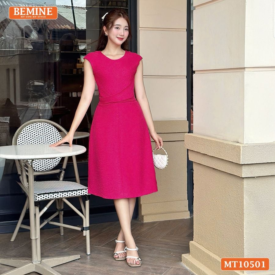 Đầm thiết kế BEMINE cổ tròn tay hến eo chéo dáng chữ A MT10501