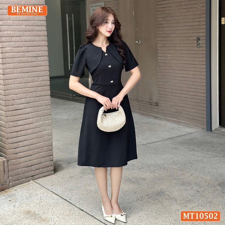 Đầm thiết kế BEMINE cổ tròn giả khoác phối ren dáng chữ A MT10502