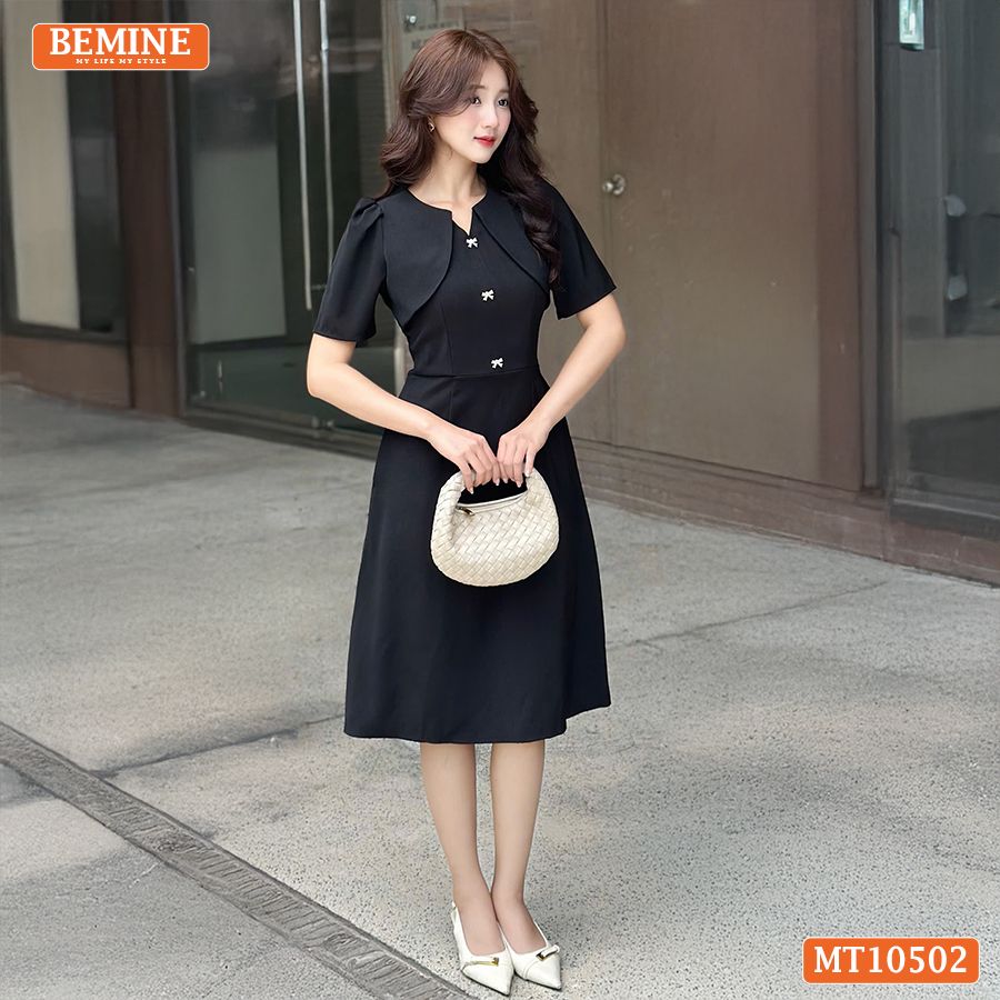 Đầm thiết kế BEMINE cổ tròn giả khoác phối ren dáng chữ A MT10502