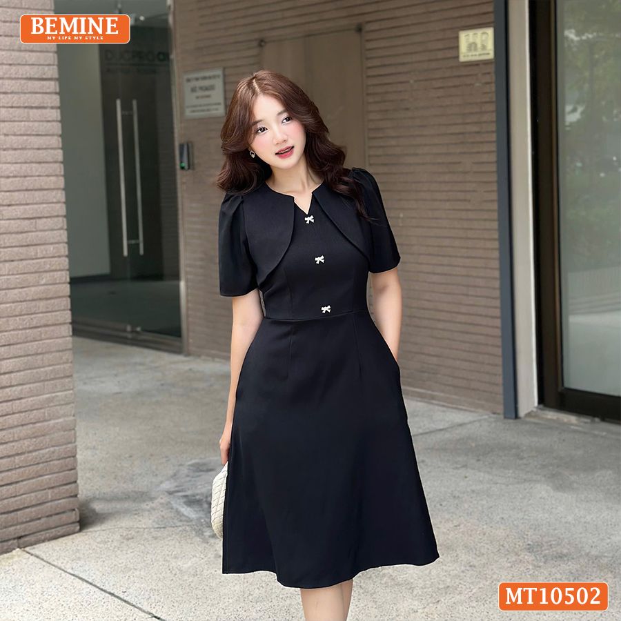 Đầm thiết kế BEMINE cổ tròn giả khoác phối ren dáng chữ A MT10502