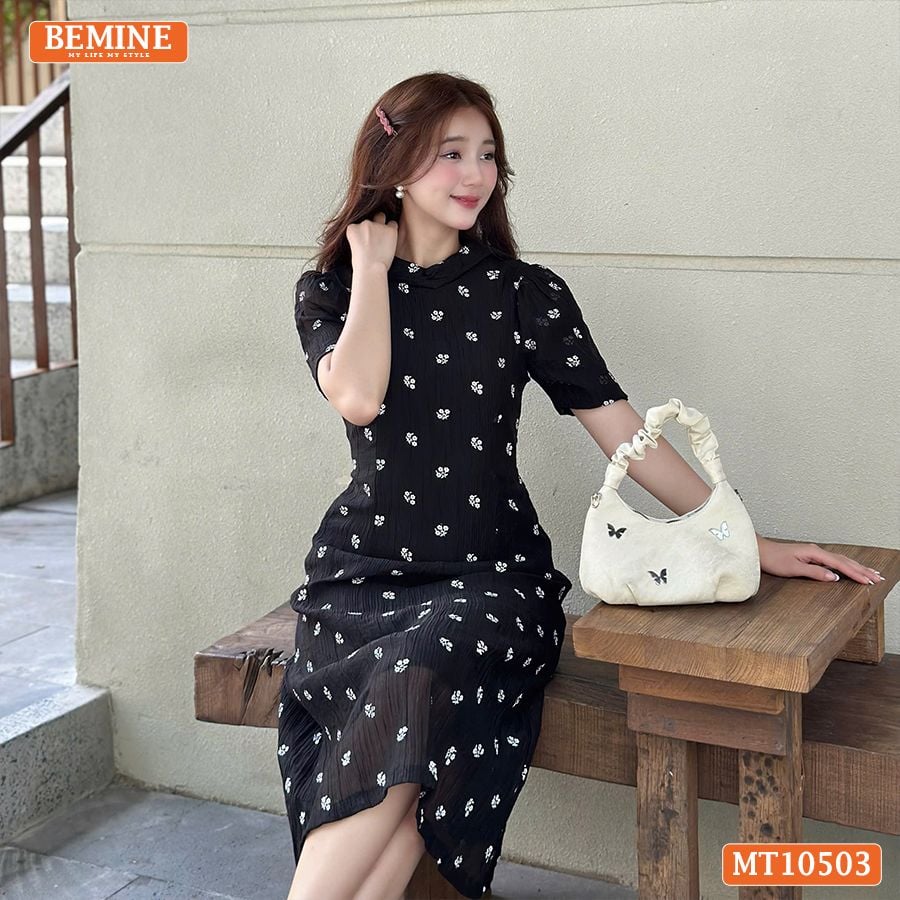 Đầm thiết kế BEMINE cổ tròn voan hoa dáng chữ A MT10503