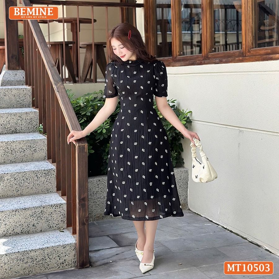 Đầm thiết kế BEMINE cổ tròn voan hoa dáng chữ A MT10503