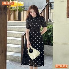 Đầm thiết kế BEMINE cổ tròn voan hoa dáng chữ A MT10503