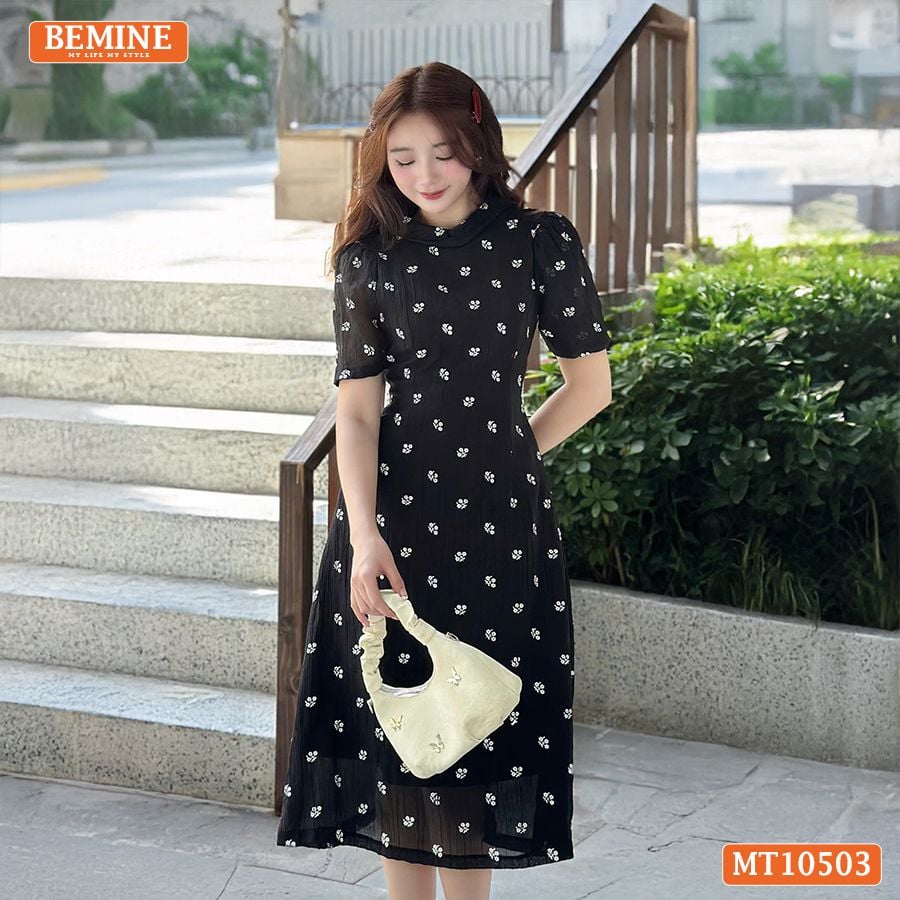 Đầm thiết kế BEMINE cổ tròn voan hoa dáng chữ A MT10503