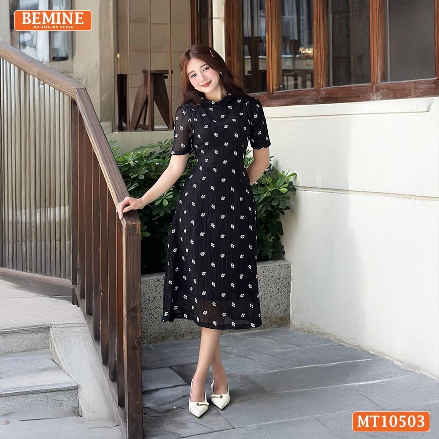 Đầm thiết kế BEMINE cổ tròn voan hoa dáng chữ A MT10503