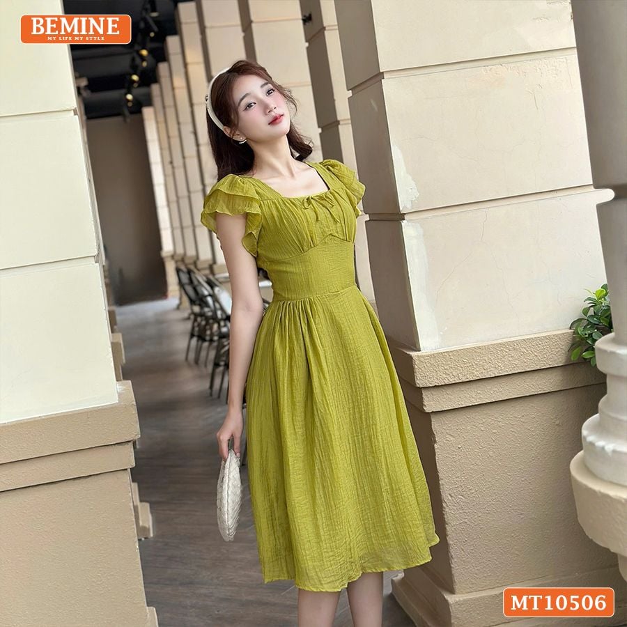 Đầm thiết kế BEMINE cổ vuông nhún ngực tay dáng chữ A MT10506