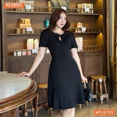 Đầm thiết kế BEMINE cổ tròn đính nơ tùng váy chữ A có xếp ly MT10703