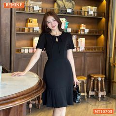 Đầm thiết kế BEMINE cổ tròn đính nơ tùng váy chữ A có xếp ly MT10703