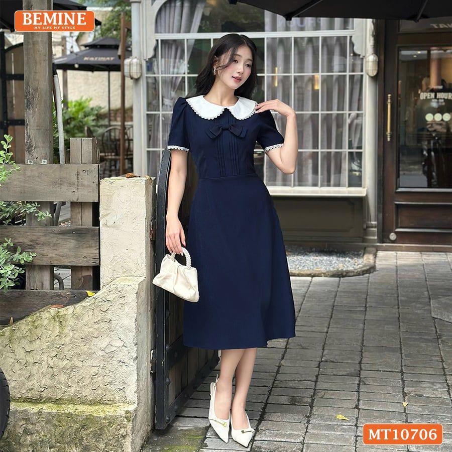 Đầm thiết kế BEMINE cổ sen viền ren dáng chữ A phù hợp đi làm, đi chơi-MT10706