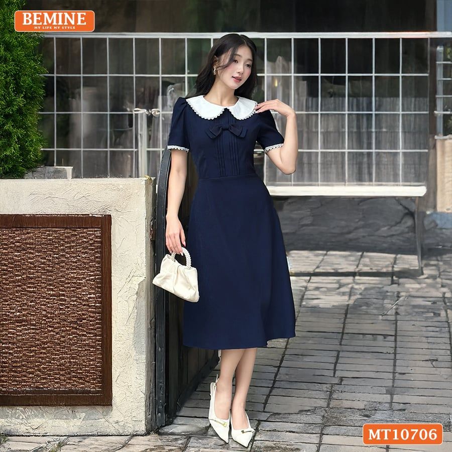 Đầm thiết kế BEMINE cổ sen viền ren dáng chữ A phù hợp đi làm, đi chơi-MT10706