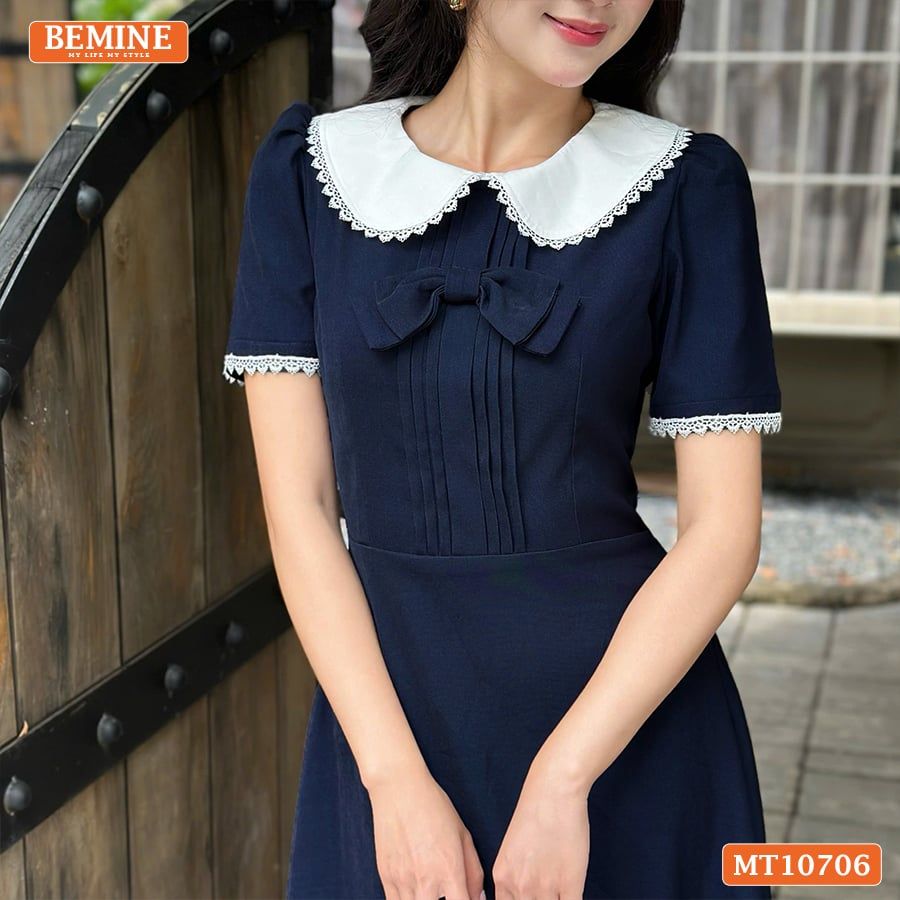 Đầm thiết kế BEMINE cổ sen viền ren dáng chữ A phù hợp đi làm, đi chơi-MT10706