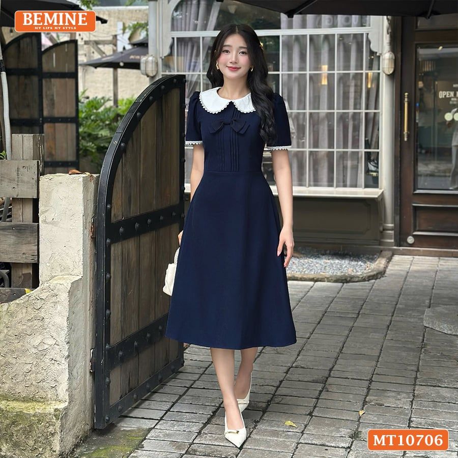 Đầm thiết kế BEMINE cổ sen viền ren dáng chữ A phù hợp đi làm, đi chơi-MT10706