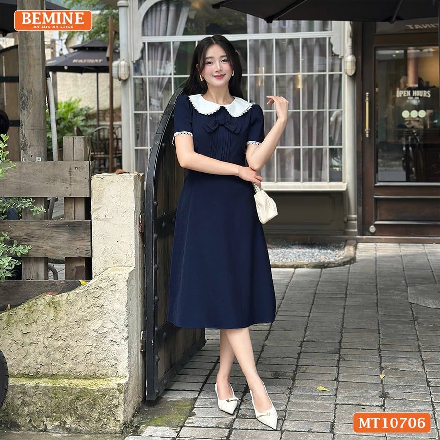 Đầm thiết kế BEMINE cổ sen viền ren dáng chữ A phù hợp đi làm, đi chơi-MT10706