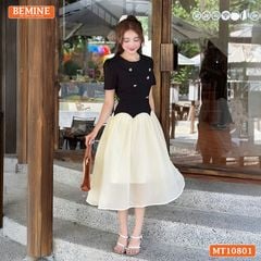 Đầm thiết kế BEMINE cổ tròn đính cúc dáng xòe MT10801