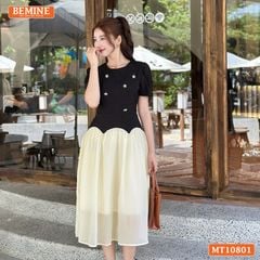 Đầm thiết kế BEMINE cổ tròn đính cúc dáng xòe MT10801