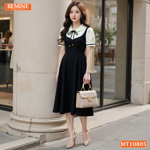Đầm thiết kế BEMINE cổ sen giả yếm chạy viền dáng chữ A phù hợp đi làm-MT10805