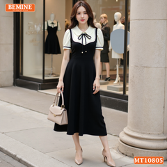 Đầm thiết kế BEMINE cổ sen giả yếm chạy viền dáng chữ A phù hợp đi làm-MT10805