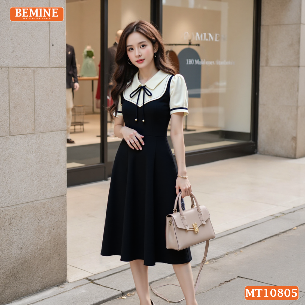 Đầm thiết kế BEMINE cổ sen giả yếm chạy viền dáng chữ A phù hợp đi làm-MT10805