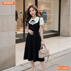 Đầm thiết kế BEMINE cổ sen giả yếm chạy viền dáng chữ A phù hợp đi làm-MT10805